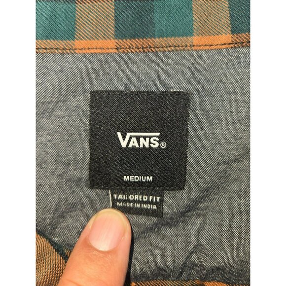 Vans Mens Medium Plaid Button-Up Flannel Shirt Green/Orange Tailored Fit Cotton - Picture 5 of 8